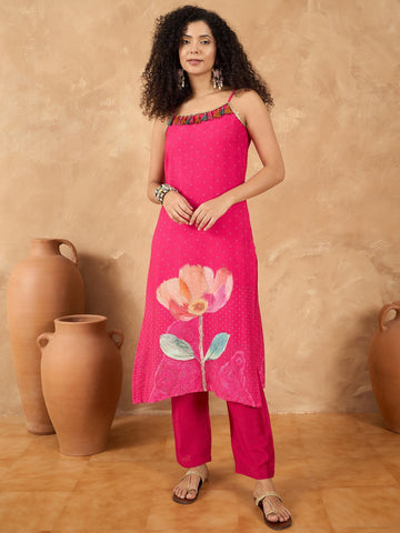 Varanga Women Spaghetti Strap Floral Kurta Featuring Tassles With Trousers And Dupatta